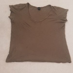 Olive green curved low-cut V-neck sheer tee